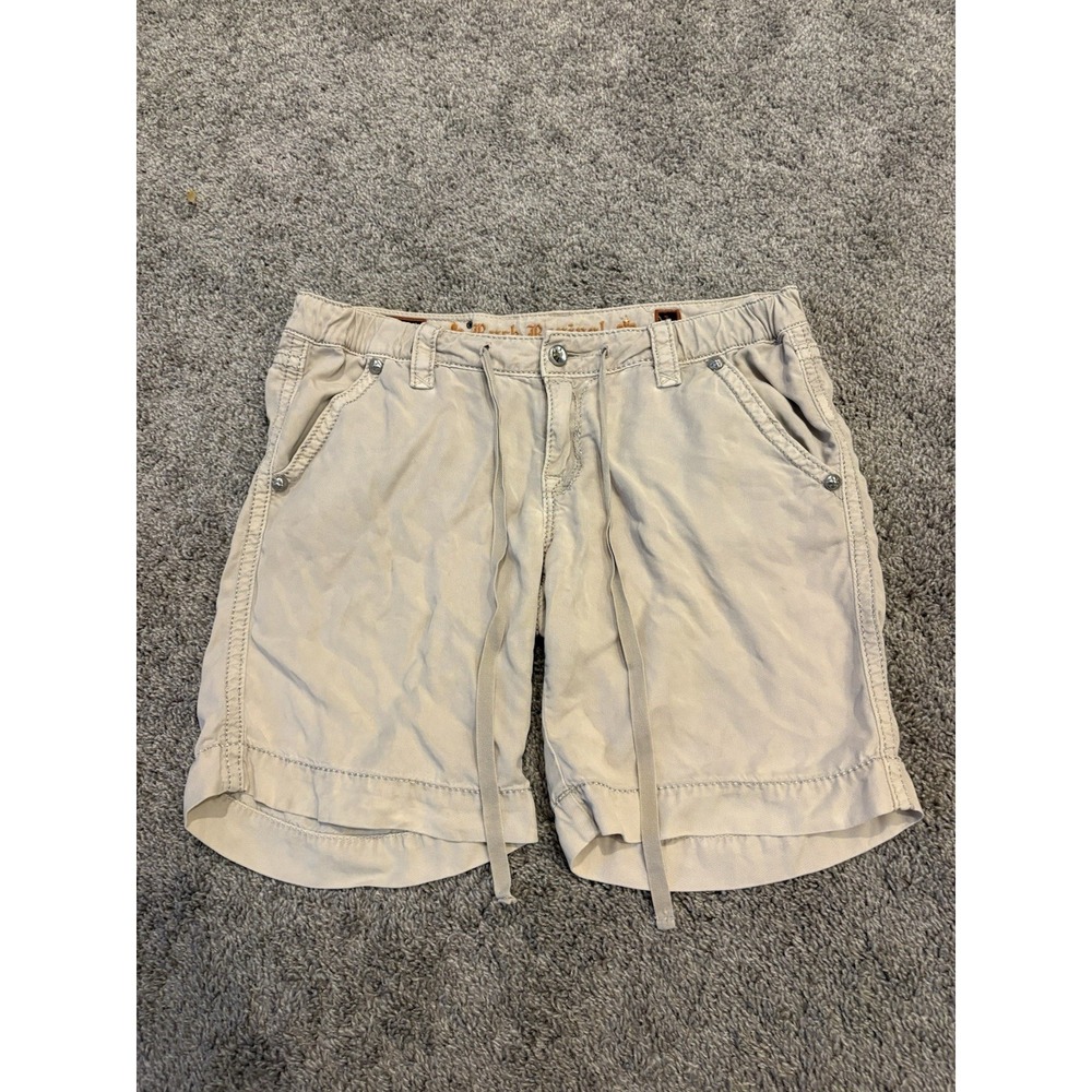 Rock Revival Shorts Womens Large Fleur De Lis Khaki Drawstring Rhinestone Button
